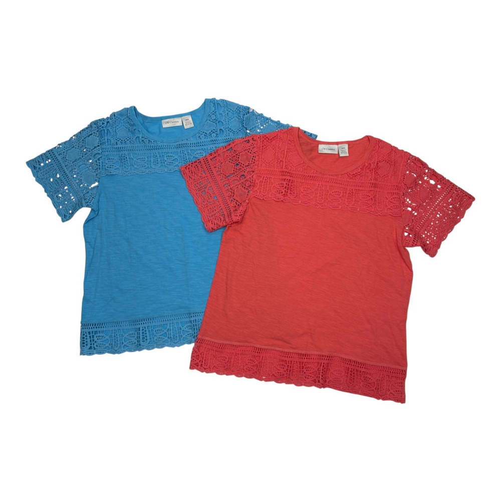Lot of 2 CW Classics Women's Lace Short Sleeve Tops Size Medium Orange Blue